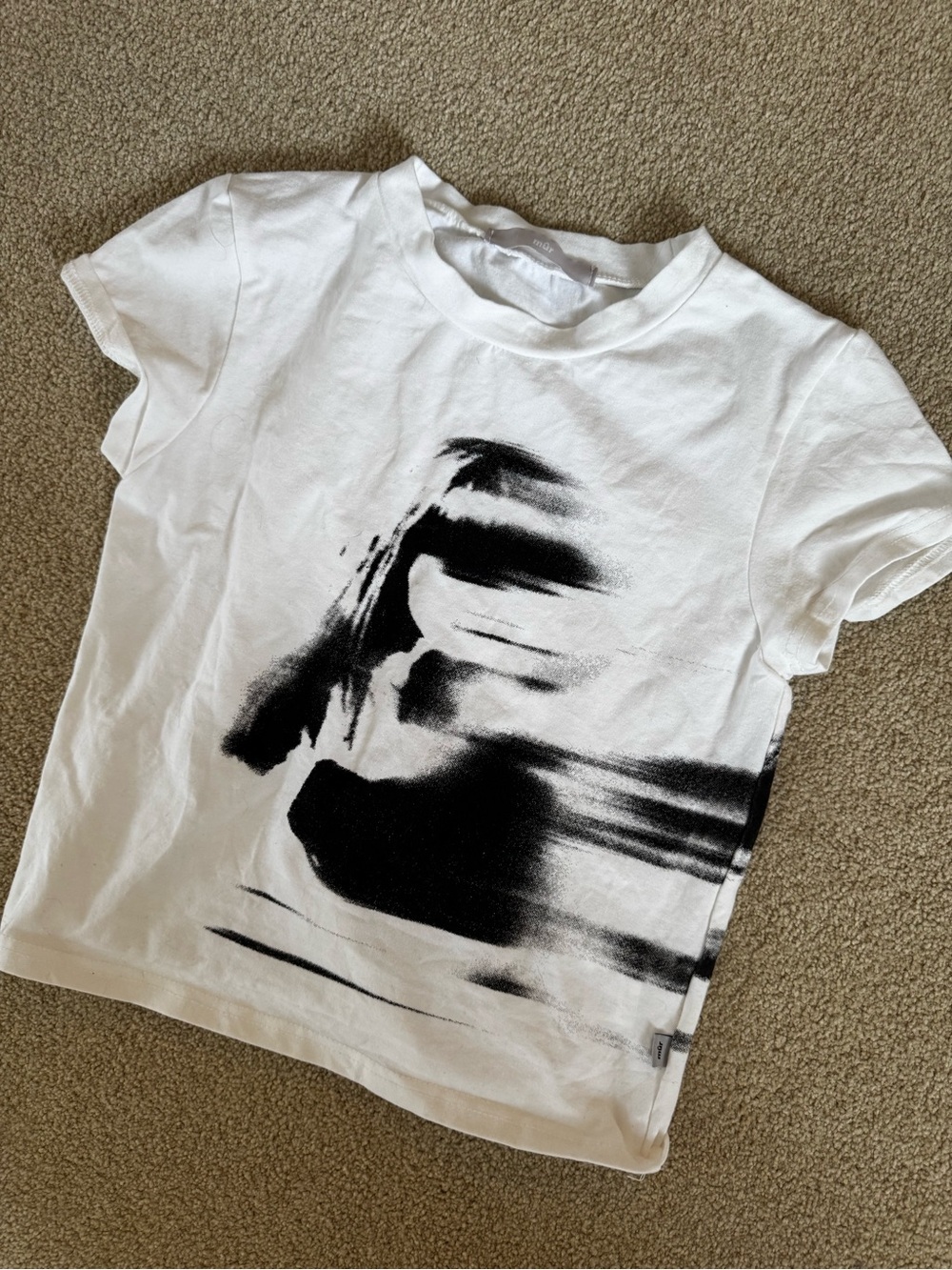 White Crop Tee with Black Abstract Brushstroke Face of Girl